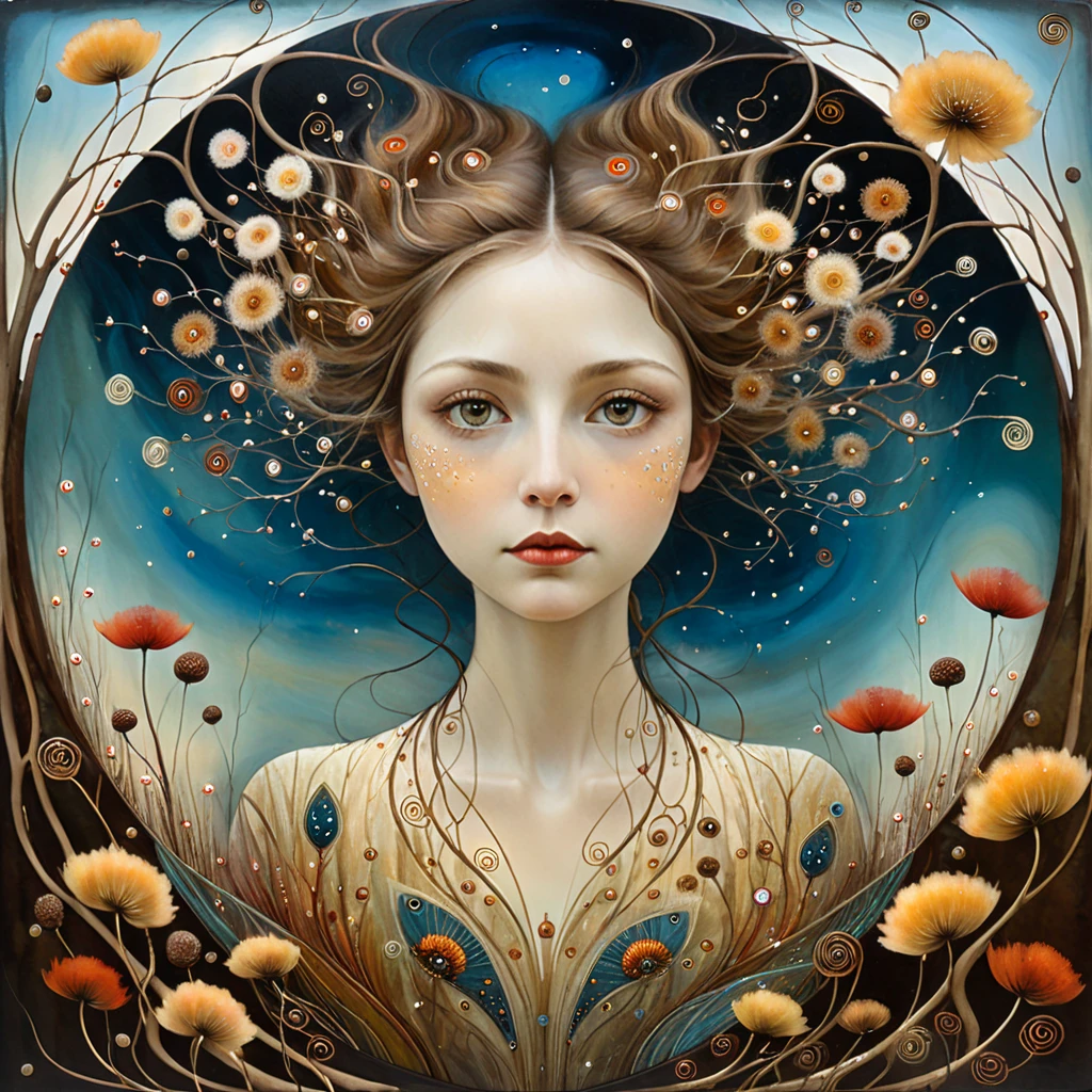 oil and acrylic painting. In the style of Andy Kehoe and Tracy Grimwood, Catrin Welz-Stein, Klimt.The gaze of a young woman with light brown hair blends with the nature of an autumn lake and the wind tousling her hair.. Twisted trees, branches are transparent blown glass expanding skyward in ellipses. Dandelion blossoms, poppies, pampas grass, cherry blossoms, dried flowers bloom. Disc-shaped polychrome sun buds with marbled spirals, sunbeams like strands of coral, vitrified ambers. Warm colors, ochre yellows, browns, shades of blue, reds.
