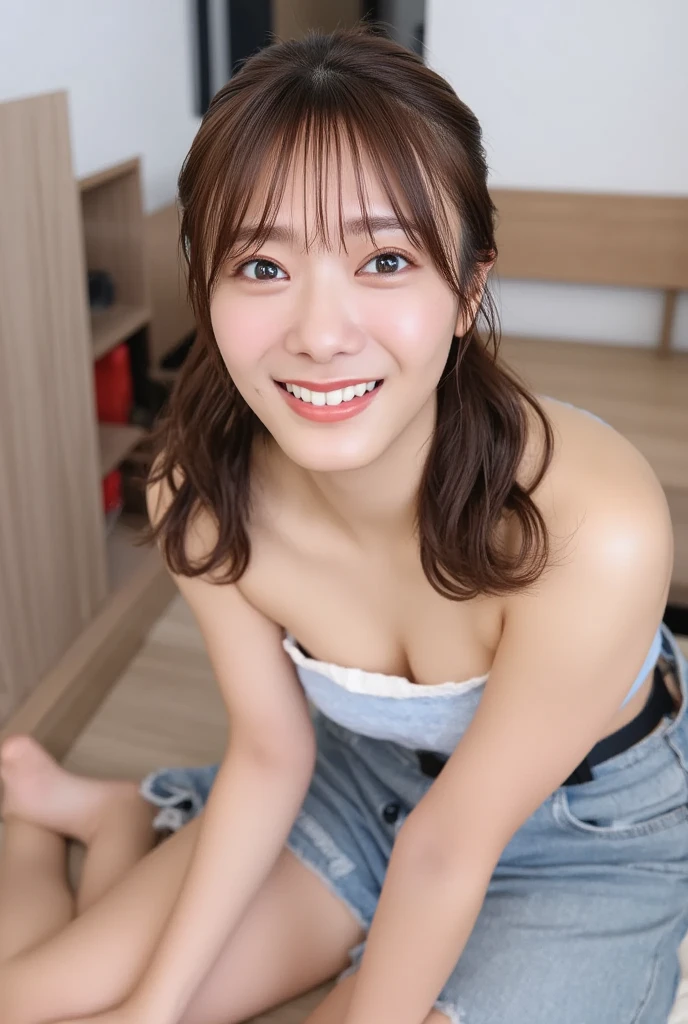 (((top-down configuration:1.4))), (best quality:1.4), (ultra highres:1.2), (photorealistic:1.4), (16k, RAW photo:1.2), (portrait shot:1.3), professional lighting, Japanese goddess, gravure, detailed face and skin texture, detailed eyes, looking at camera, nsfw, beautiful eyes, detailed eyes, beautiful face, detailed face, ((smile:1.5)), (highest quality), glowing skin, (smooth lighting:1.2), (cinema lighting:1.2), (brown hair), (long hair), ((off shoulder:1.2)), (bare shoulder:1.2), ((emphasize cleavage:1.4)), (large breasts:1.3), (slender), slim, ((bare tights:1.2)), sitting down, (leaning forward), from slightly above