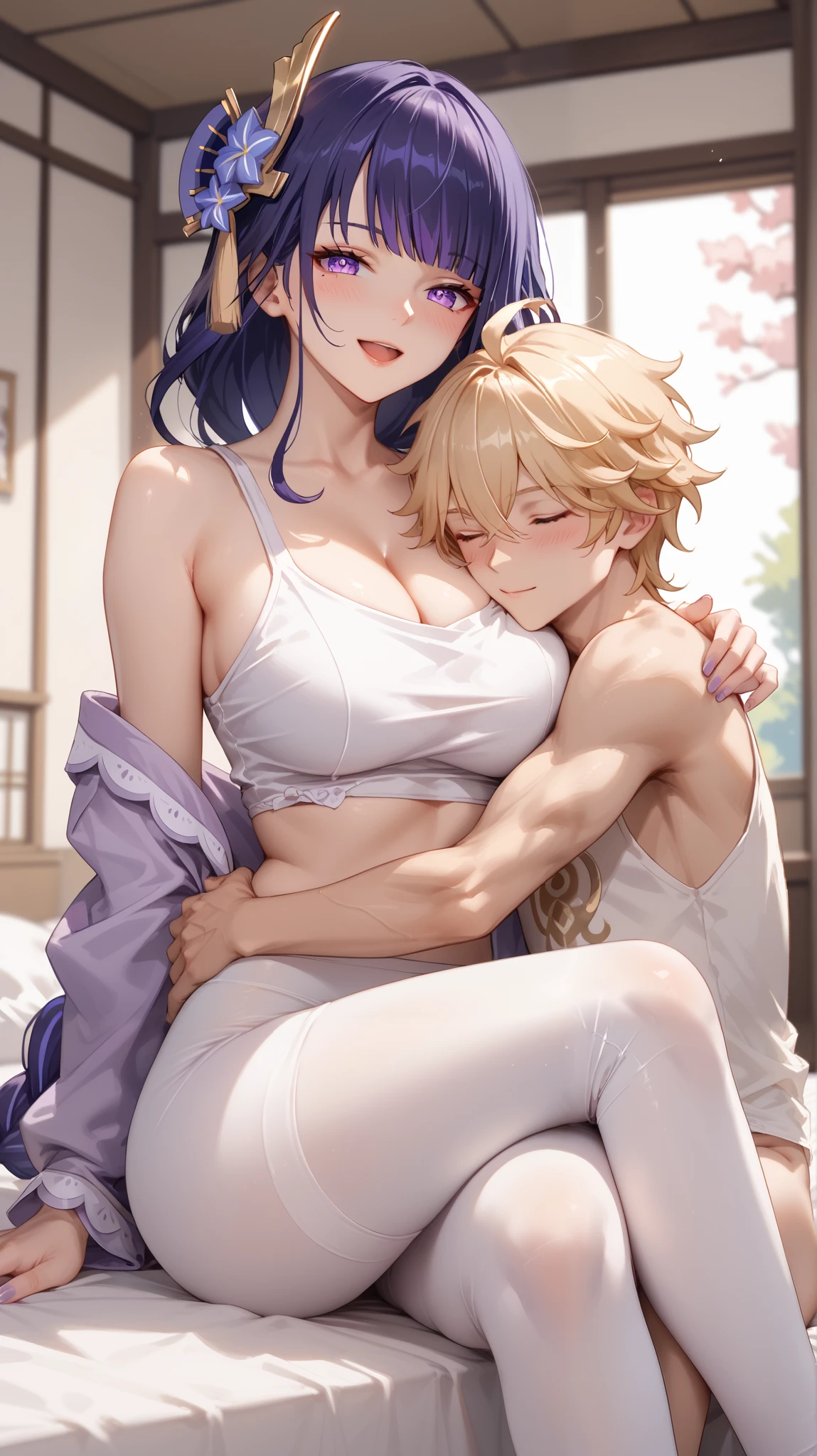 Semi realistic, 1woman, raiden shogun \(genshin impact\), short hair, milf body, happy expression, wearing white tanktop, cleavage, crop top, wearing white leggings, sit on Aether's lap, crossed legs, 1boy, shotacon, Aether \(genshin impact\), happy expression, sit on bed, wearing pajama, Aether is hugging Raiden Shogun's hip, blushing, inside bedroom