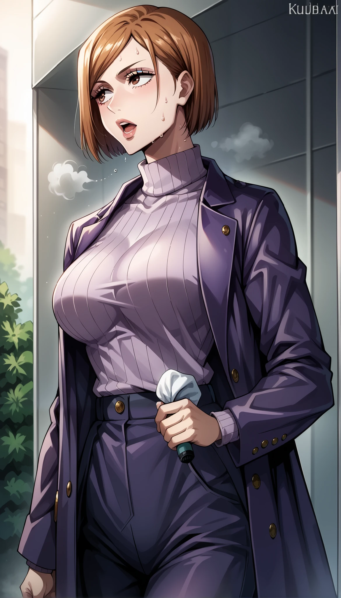 score_9, score_8_up, score_7_up, source_anime, 4K,perfect fingers,(perfect hands, perfect anatomy),
1girl,nobara kugisaki, kugisaki nobara, bob cut, brown eyes, brown hair, lips, short hair, large breasts,,
wearing ((long sleeves,purple jacket, open clothes, sweater, coat, ribbed sweater, purple sweater)),,
open mouth,steaming body,saliva,sweating,heavy breathing,drying,