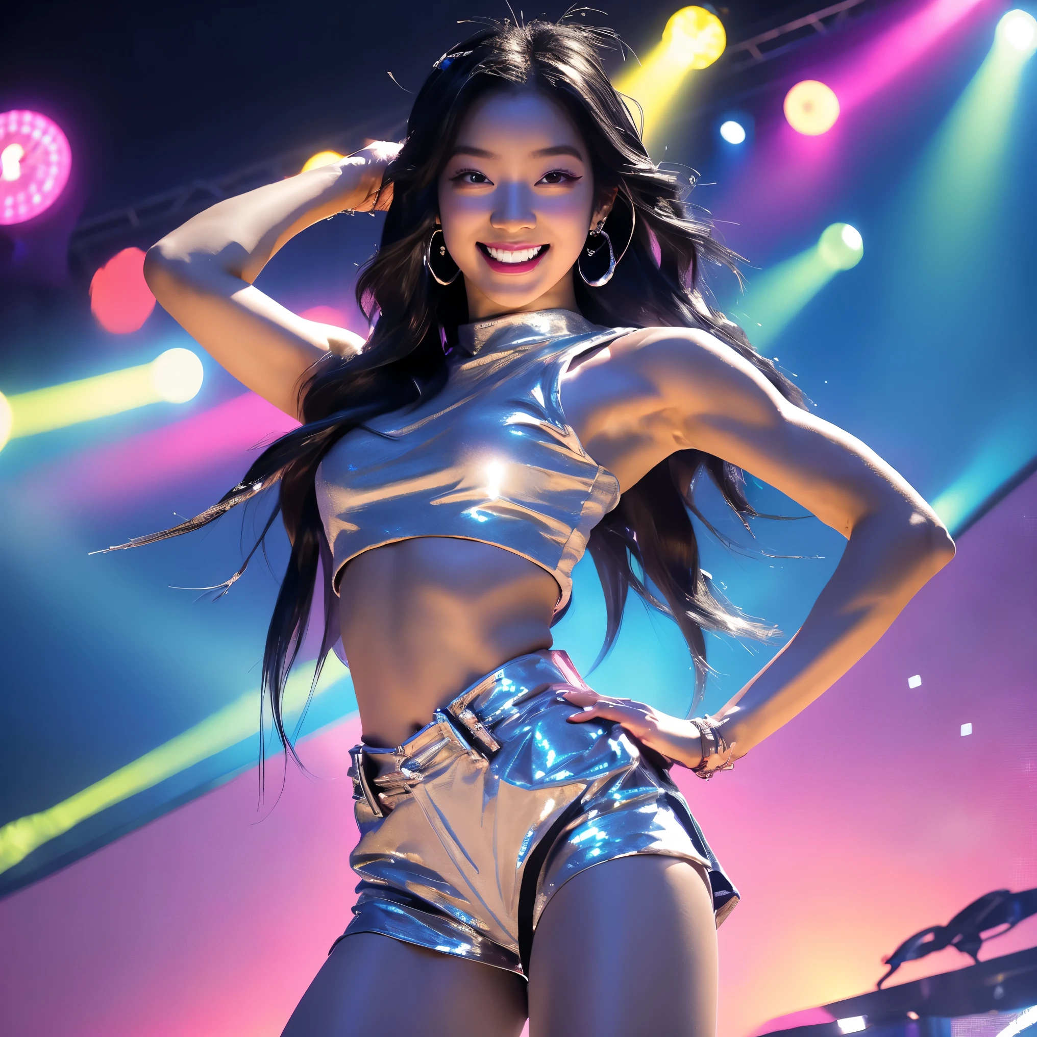 A female cartoon character inspired by Kazuha, the well-known K-pop idol, performing a dynamic singing and dancing pose on stage. She is dressed in a stylish silver glittering sleeveless crop top and matching outfit, elegantly revealing her belly button. Her long, flowing black hair moves gracefully with her motion, and she has bright, sparkling eyes with a confident and radiant smile. The background features a vibrant stage with colorful lights and a motion blur effect, creating a sense of energy and excitement.