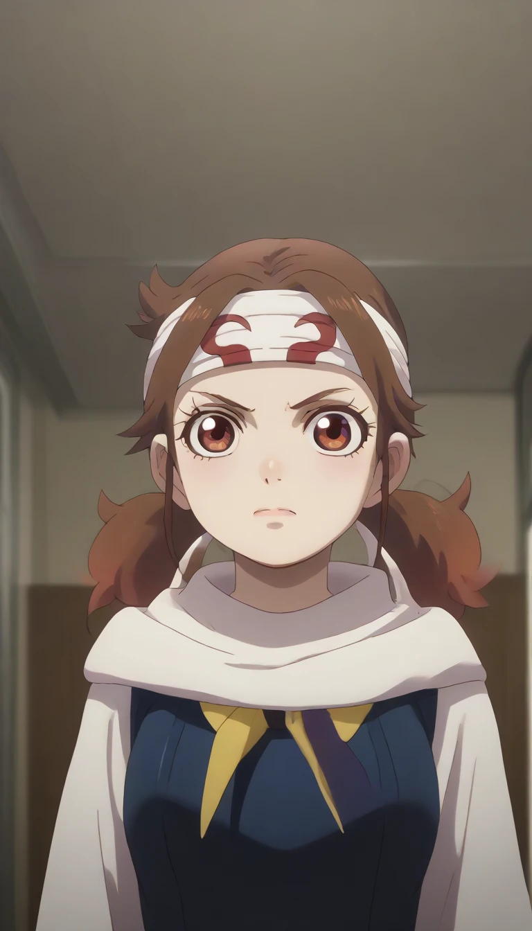  no emotions  masterpiece, super detail, high details, high quality, best quality, highres, 1080P, 8k, 16k  very accurate clothingscore_9, score_8_up, score_7_up, ((cowl)) ((headband on forehead)) detailed clothing beautiful girl  ((Shuumatsu Train Doko e Iku? | Nadeshiko Hoshi))