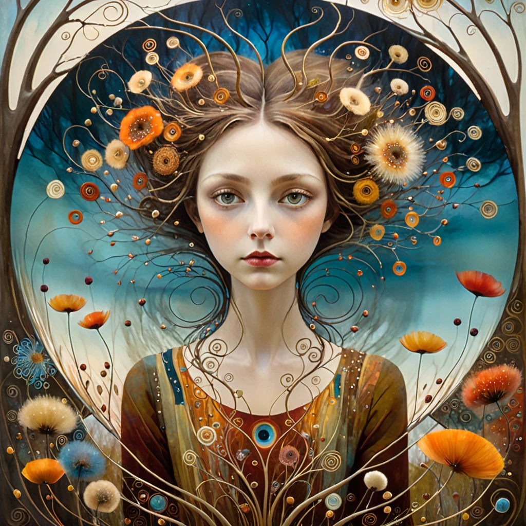 oil and acrylic painting. In the style of Andy Kehoe and Tracy Grimwood, Catrin Welz-Stein, Klimt. Background of a tree-lined waterfront boulevard. The gaze of a young woman with light brown hair blends with the nature of an autumn lake and the wind tousling her hair. Twisted trees, branches are transparent blown glass expanding skyward in ellipses. Dandelion blossoms, poppies, pampas grass, cherry blossoms, dried flowers bloom. Disc-shaped polychrome sun buds with marbled spirals, sunbeams like strands of coral, vitrified ambers. Warm colors, ochre yellows, browns, shades of blue, reds.
