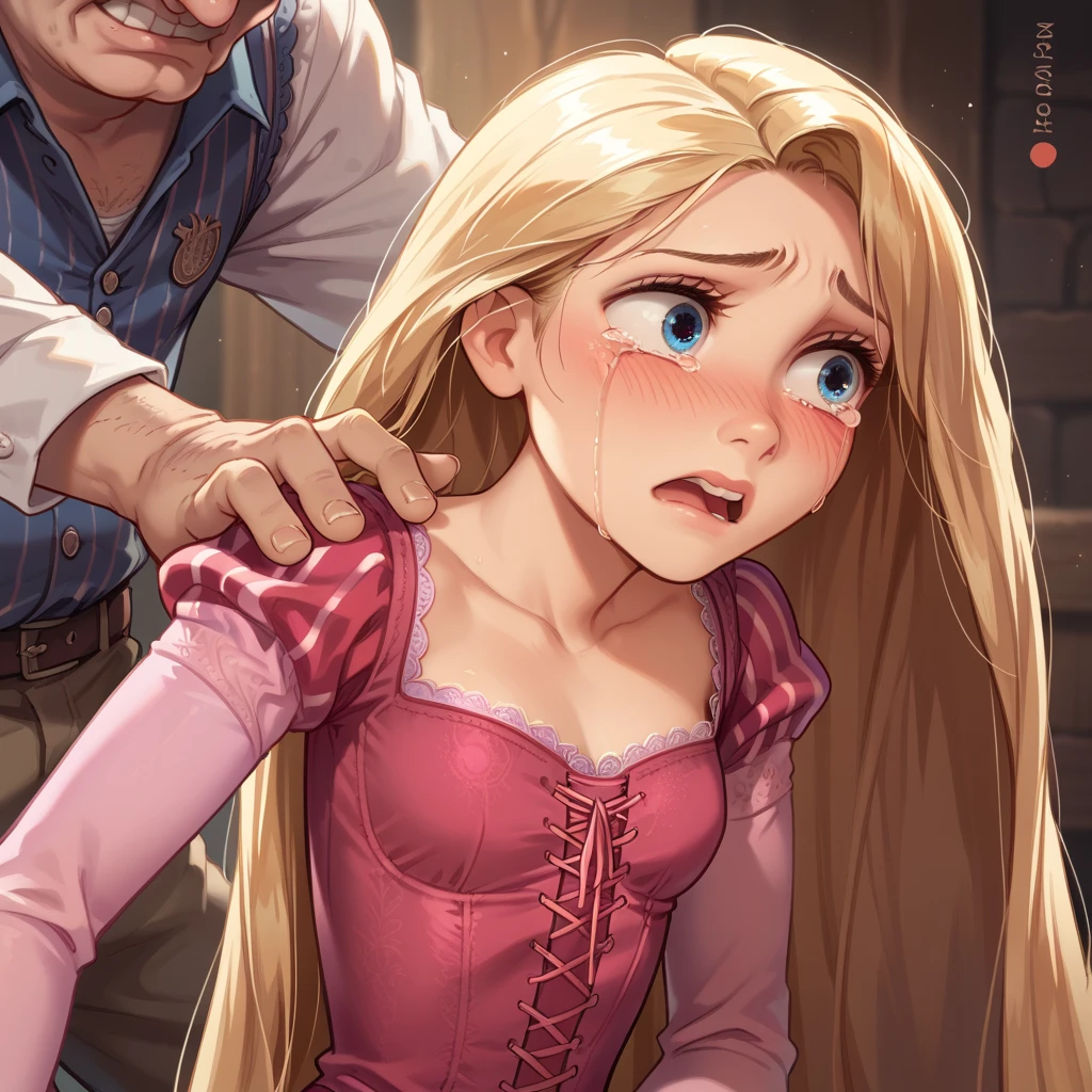 1girl ,rapunzel, skinny, beautiful, blue eyes, ((red dress)), embarrassed, crying, old man grabs her ass under the miniskirt, grabbing girl´s panties,