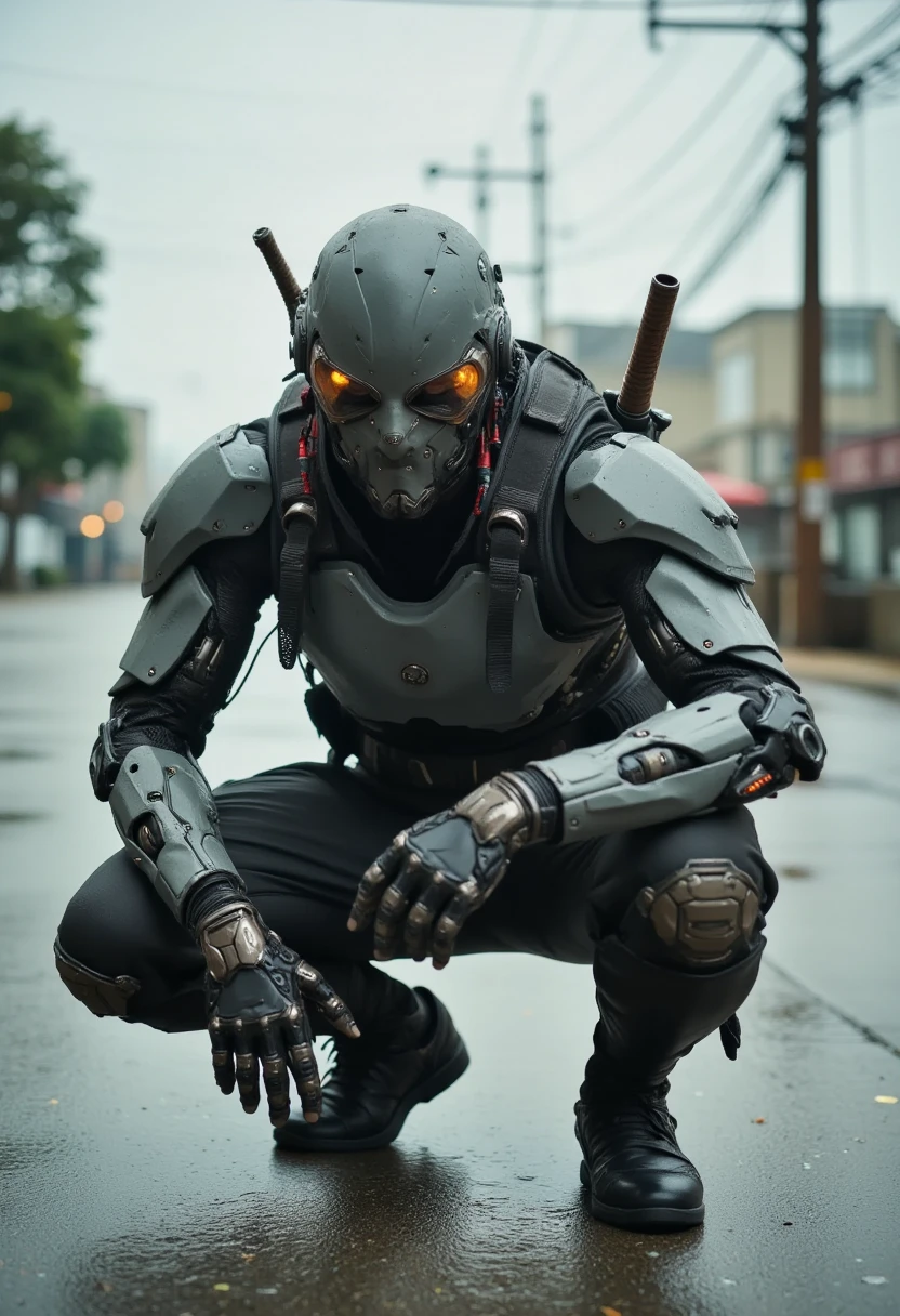 Recypu style, Cyberpunk highly detailed, high-resolution photograph. A futuristic, armored warrior (damettaflux001) crouching on a gritty, urban pavement. The subject's head is covered by a sleek, metallic helmet with a visor that obscures the face, giving an ominous, robotic appearance. The helmet is adorned with various sensors and lights, suggesting advanced technology. The warrior's body is clad in a full suit of advanced, high-tech armor, primarily made of a mix of metal and synthetic materials. The armor is heavily detailed with intricate circuits, joints, and mechanical components, indicating advanced robotics and cybernetics. The suit is predominantly gray with hints of black and silver, and it is adorned with various pouches, straps, and utility belts, suggesting a high level of tactical gear. The warrior's left hand is extended forward, showcasing a complex, mechanical prosthetic with multiple fingers and advanced articulation. The right hand rests on the knee, also with a prosthetic that appears more organic, possibly biological. A katana sword with a brown handle is sheathed on the warrior's back, adding to the military aesthetic. The background shows an industrial, urban environment with blurred, metallic structures and a gray sky, emphasizing the gritty, post-apocalyptic setting. The overall mood is intense and futuristic.