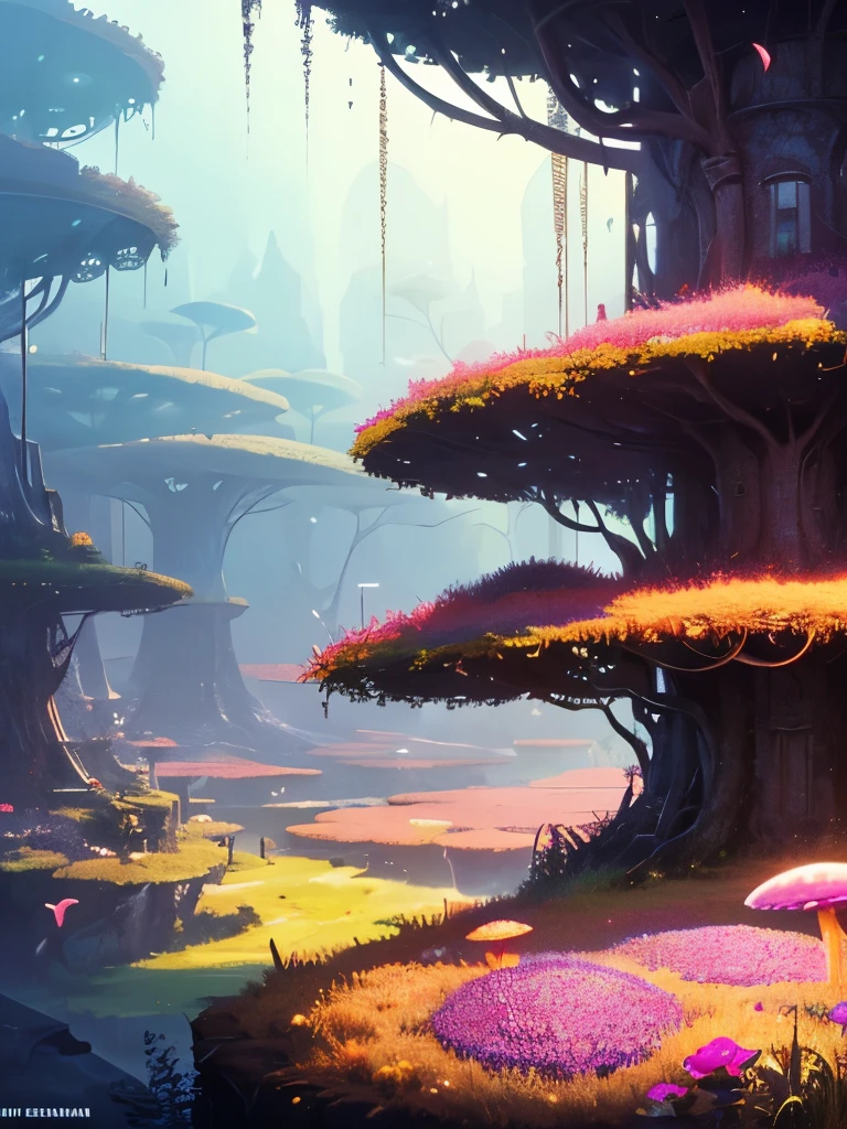 a close up of a painting of a forest with mushrooms, mushroom forest, mushroom city, underwater mushroom forest, highly detailed fantasy art, magical environment, slavic city. big mushrooms, magic mushrooms, by Mike "Beeple" Winkelmann, 🌺 cgsociety, fantasy matte painting，cute, fantasy art landscape, fantasy art behance