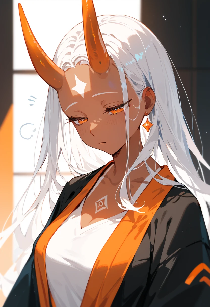 girl, with orange horns on the forehead, White hair, Tanned skin,  Orange Eyes , Orange black kimono .Long hair,Emotionless, dark edges,sleepy,thin,, medium chest,milf