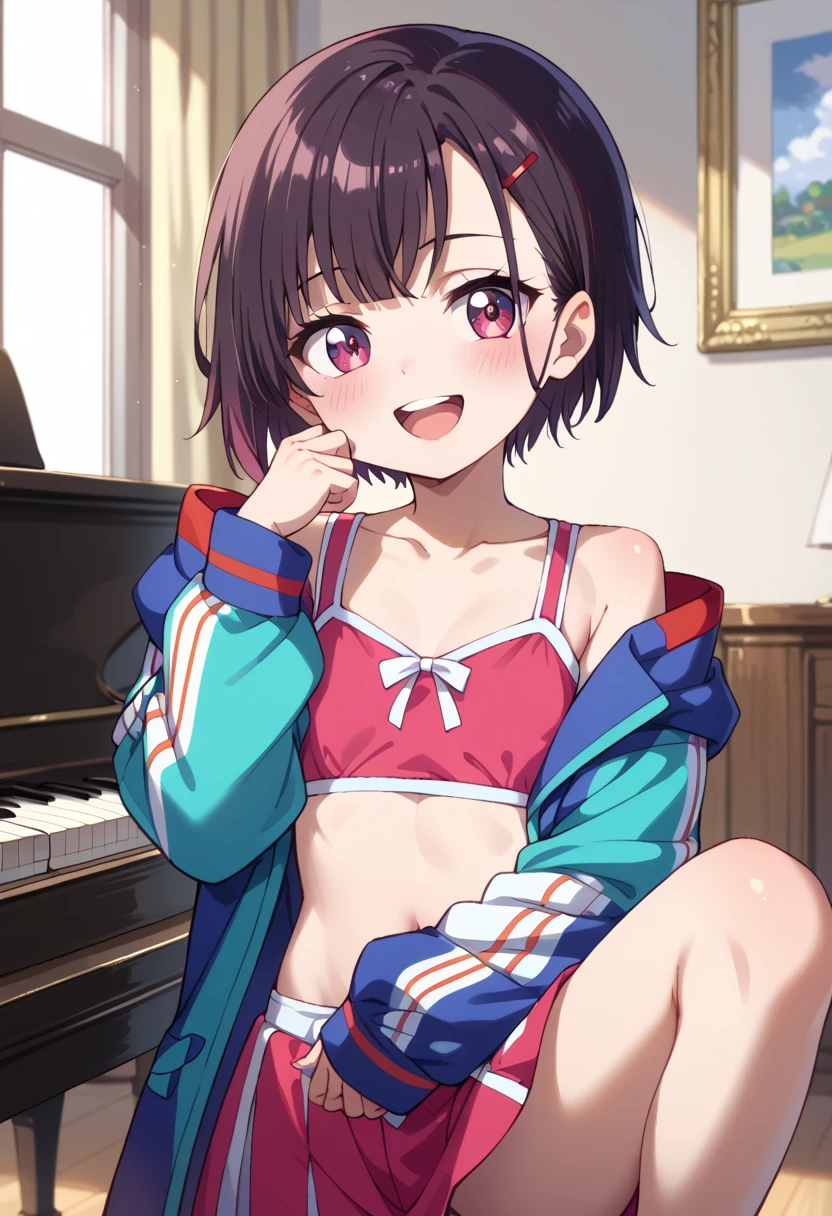 (( top quality )), ((masterpiece)), (be familiar with),  perfect face, indoor, bedroom,  watching viewers,
One woman, Mikazuki Kan,
 open mouth,  ecstatic expression beside the piano, blush, smile,
 small ,  flat chest, Young girl, Lori,  ,  girl,
Short Hair,  short hair,
Leg spread,