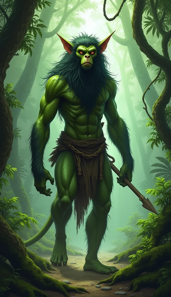 Create a person in a jungle with very big eyes, longer than normal arms, long fingers, height of two meters, green skin, long wavy hair, in loincloth, and with an arrow in his hand