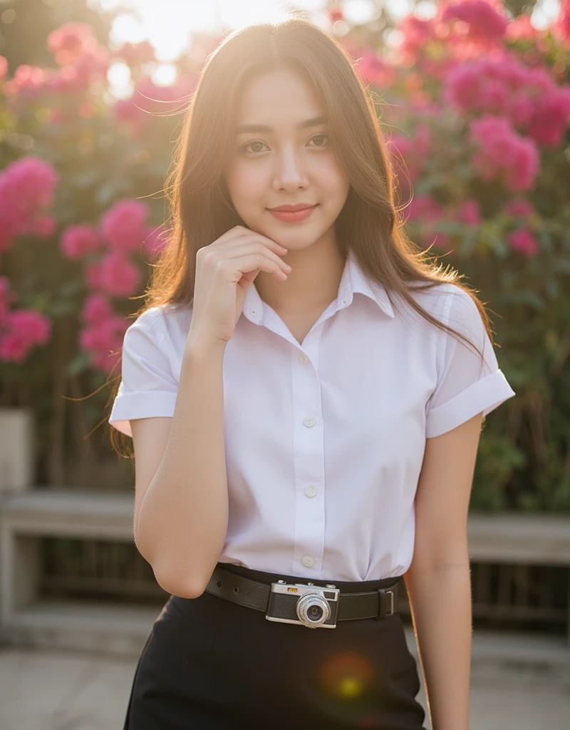 young Thai woman long brown natural loose hair, slender, medium breasts,  smirk, wearing white collared shirt short sleeves, belt, short black pencil skirt , hand on face pose, bougainvillea, sun light, Kodak , university uniform