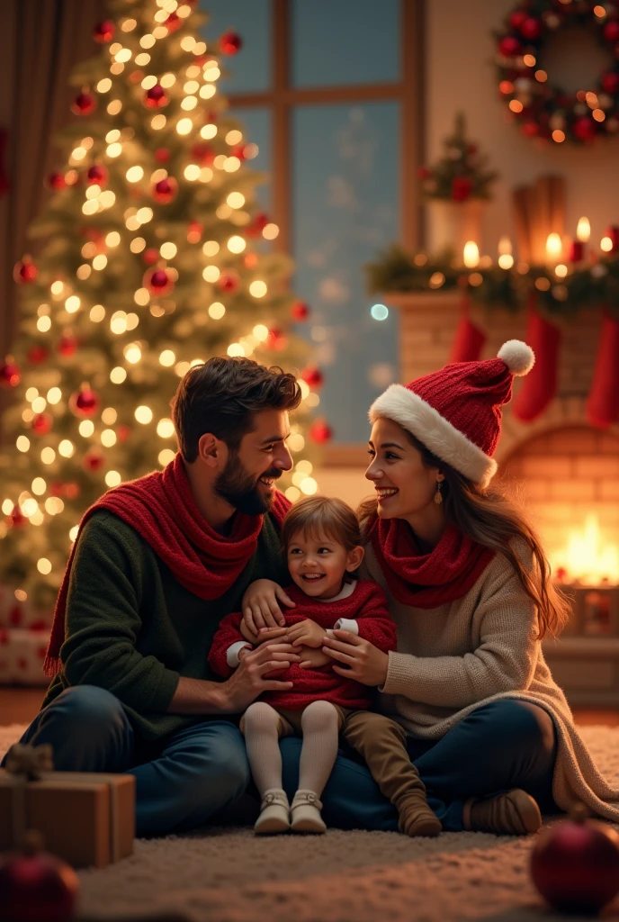 Smiling family with child and Christmas tree in living room, by Hristofor Zhefarovich, holiday season, Christmas, husband, wife and son;, Happy family, holiday, family photo, Eugene Zak, by Aleksander Gierymski, christmas night, Shutterstock, Portrait of a family of three, true realistic image, husband gives his beloved wife and son gifts for Christmas, Europeans, Smile, one tree with gifts, strictly one fireplace ((Best Quality)), ((Masterpiece)), (Detailed), a perfect face, foto realista, Ultra-detailed, realistic natural hands and feet, fingers and toes straight, human, There are strictly five fingers on each hand, HDR, studio lightning, Professional, sharp-focus, physical based rendering, bright colours, portrai