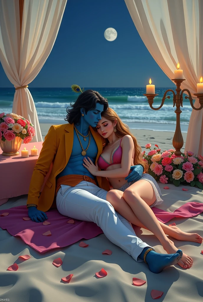 An anime inspired bold and evocative artistic scene of Krishna and Radha on a serene moonlit beach, blending divine mythology with daring modern aesthetics. Krishna, with radiant blue skin, reclines confidently on luxurious bedding laid in the soft sand, surrounded by cascading curtains that billow gently in the sea breeze. He wears a modern, fitted mustard-yellow blazer left unbuttoned over a sculpted chest and deep crimson shirt, paired with slim white trousers. His iconic flute lies close to him, and a peacock feather in his hair. Radha, with sun-kissed golden-white skin and flowing hair, wears a daring, semi-tranaparent sheer low-waist sundress in blue and deep pink tones. She leans intimately toward him, her hand resting sensually on his chest, her gaze bold and unrestrained. Krishna's one hand is undressing her dress and other in her thighs. Around them, vibrant flowers in lush arrangements spill onto the sand, mingling with scattered jasmine petals that glimmer under the candlelight. Elegant candelabras and flickering candles cast a warm, golden glow over the scene. The waves shimmer softly in the background, heightening the mystical and romantic atmosphere of this captivating moment.