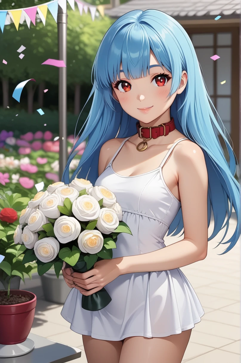 
coffee ball, 1 , blue hair,   long hair, short bangs,  Red Eyes,  looking at the viewer, garden, white swimsuit low neckline, collar, to smile, bouquet, is, confetti, cowboy shot, standing