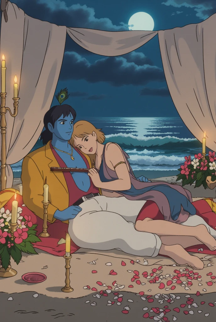 An anime inspired bold and evocative artistic scene of Krishna and Radha on a serene moonlit beach, blending divine mythology with daring modern aesthetics. Krishna, with radiant blue skin, reclines confidently on luxurious bedding laid in the soft sand, surrounded by cascading curtains that billow gently in the sea breeze. He wears a modern, fitted mustard-yellow blazer left unbuttoned over a sculpted chest and deep crimson shirt, paired with slim white trousers. His iconic flute lies close to him, and a peacock feather in his hair. Radha, with sun-kissed golden-white skin and flowing hair, wears a daring, semi-tranaparent sheer low-waist sundress in blue and deep pink tones. She leans intimately toward him, her hand resting sensually on his chest, her gaze bold and unrestrained. Krishna's one hand is undressing her dress and other in her thighs. Around them, vibrant flowers in lush arrangements spill onto the sand, mingling with scattered jasmine petals that glimmer under the candlelight. Elegant candelabras and flickering candles cast a warm, golden glow over the scene. The waves shimmer softly in the background, heightening the mystical and romantic atmosphere of this captivating moment.