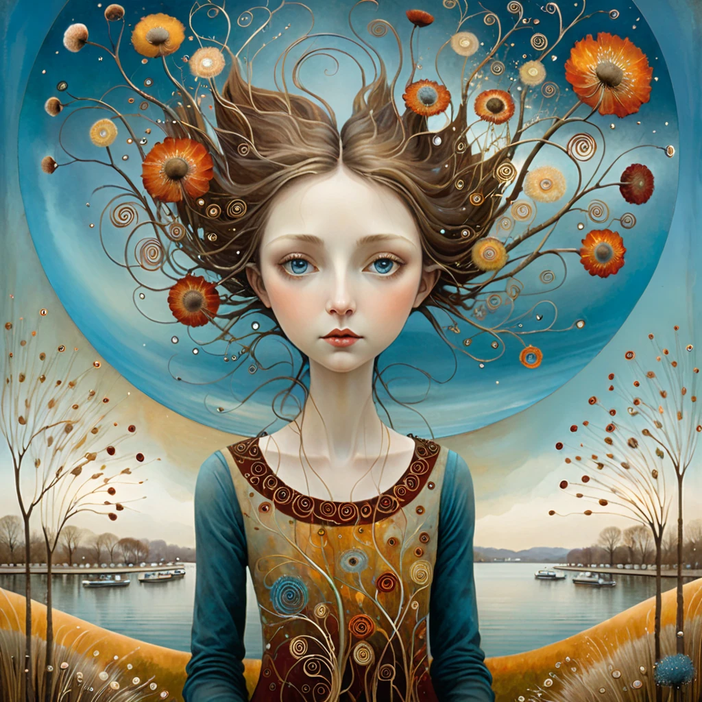 oil and acrylic painting. In the style of Andy Kehoe and Tracy Grimwood, Catrin Welz-Stein, Klimt. Background a tree-lined promenade on the waterfront. a young woman, soft, sky-blue eyes, with light brown hair walks by and lets the wind tousle her hair. Twisted trees, branches are transparent blown glass expanding skyward in ellipses. Dandelion blossoms, poppies, pampas grass, cherry blossoms, dried flowers bloom. Disc-shaped polychrome sun buds with marbled spirals, sunbeams like strands of coral, vitrified ambers. Warm colors, ochre yellows, browns, shades of blue, reds.
