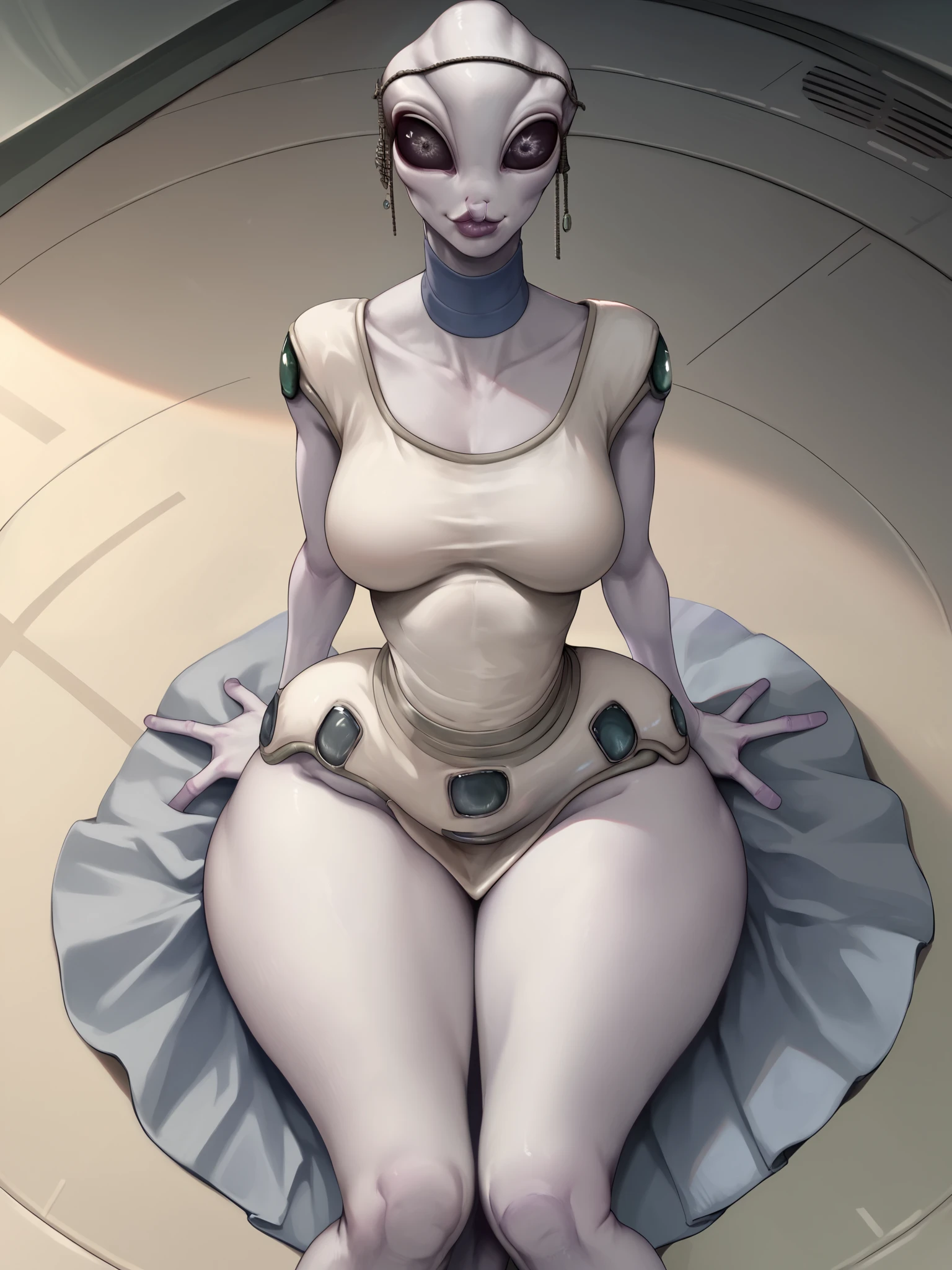 source_anime, Taun We Kaminoan, female Kaminoan, white skin, alien, kamino, 1girl, big lips, solo, from above, closeup, beautiful eyes, beautiful face, symmetrical, symmetrical eyes, slender hands, inside white spacious room on kamino, taun we dress, no pants, kaminoan clothing, bare legs, medium breasts, breasts wide hips, able to see ass, thickthighs, alien private parts, big butt, down on her knees on the floor, grabbing Her own ass, spreading her buttcheeks, smug, facing viewer, looking at viewer