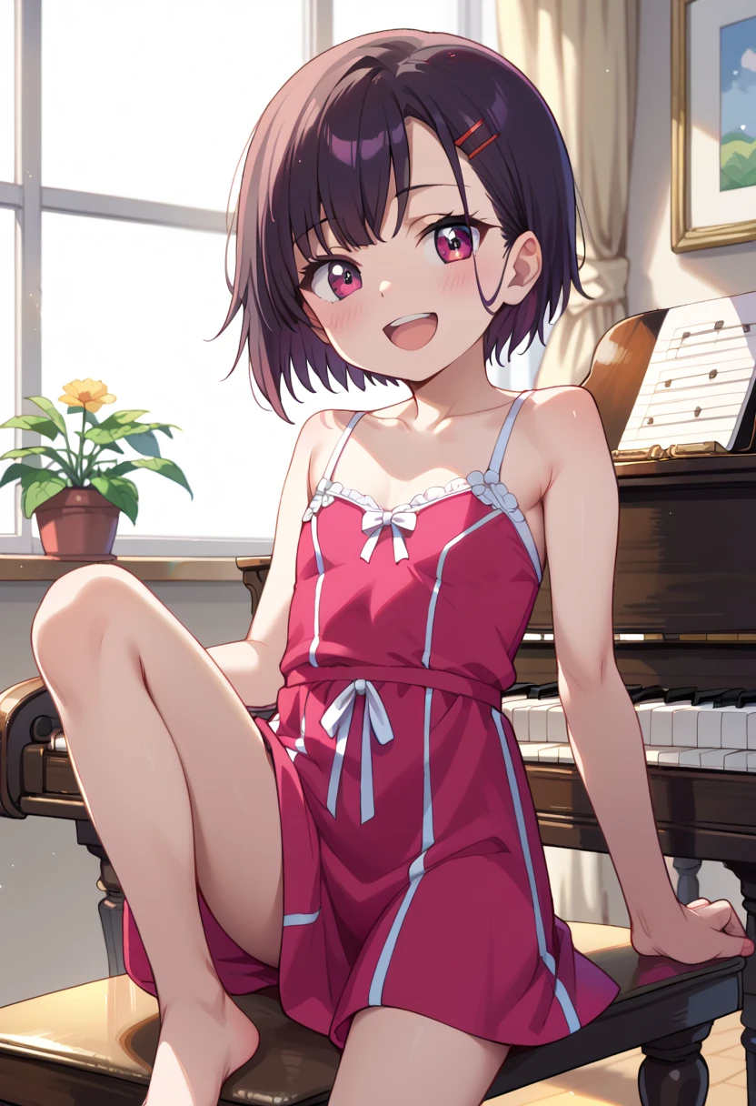 (( top quality )), ((masterpiece)), (be familiar with),  perfect face, indoor, bedroom,  watching viewers,
One woman, Mikazuki Kan,
 open mouth,  ecstatic expression beside the piano, blush, smile,
 small ,  flat chest, Young girl, Lori,  kids,  girl,
Short Hair,  short hair,
Leg spread,