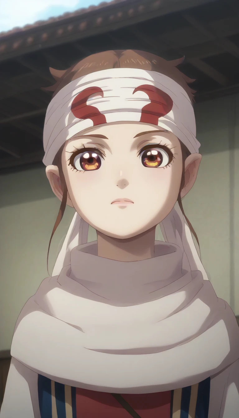  no emotions  masterpiece, super detail, high details, high quality, best quality, highres, 1080P, 8k, 16k  very accurate clothingscore_9, score_8_up, score_7_up, ((cowl)) ((headband on forehead)) detailed clothing beautiful girl  ((Shuumatsu Train Doko e Iku? | Nadeshiko Hoshi))