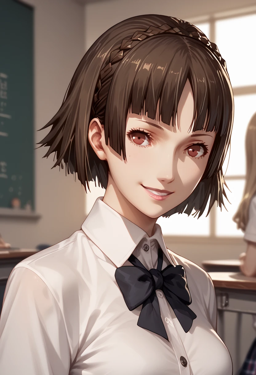  top quality ,masterpiece, super detailed , super high resolution ,female 1 person,Japanese School,uniform,Seduce,smile,lewdness,whole body,(name:Makoto Niijima),