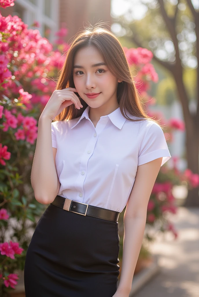 young korean  woman long brown natural loose hair, slender, medium breasts,  smirk, wearing white collared shirt short sleeves, belt, short black pencil skirt , hand on face pose, bougainvillea, day light , university uniform