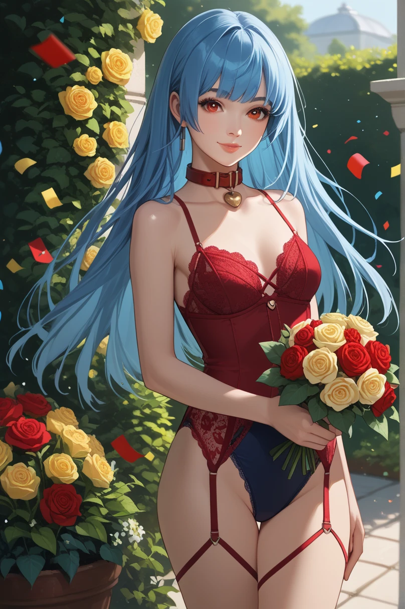 
coffee ball, 1 , blue hair,   long hair, short bangs,  Red Eyes,  looking at the viewer, garden,  red lace swimsuit with garter strap, collar, to smile, bouquet yellow roses , is, confetti, cowboy shot, standing