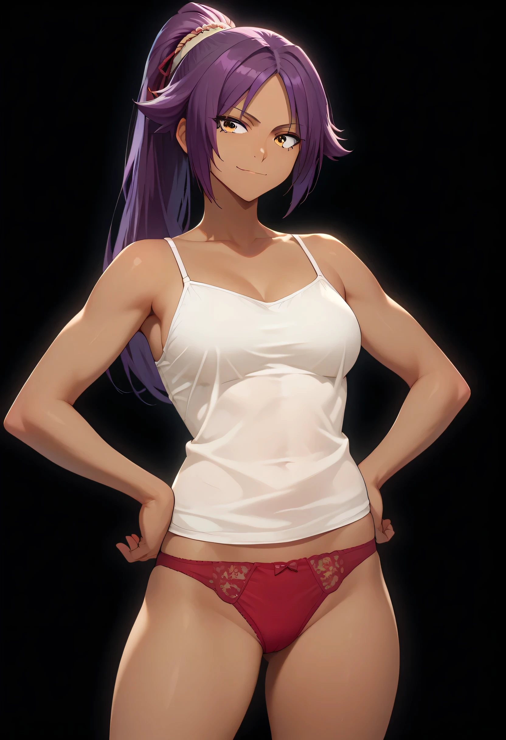 simple black background,
y0ruichi_shihouin, dark skin, purple hair, yellow eyes, ponytail, long hair,
white camisole, red panties, standing, hands on hips
smile, closed mouth