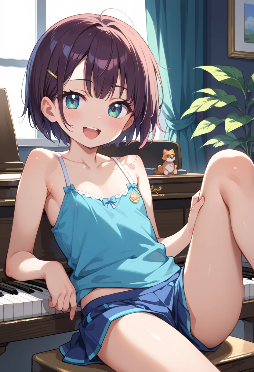 (( top quality )), ((masterpiece)), (be familiar with),  perfect face, indoor, bedroom,  watching viewers,
One woman, Mikazuki Kan,
 open mouth,  ecstatic expression beside the piano, blush, smile,
 small ,  flat chest, Young girl, Lori,  kids,  girl,
Short Hair,  short hair,
Leg spread,