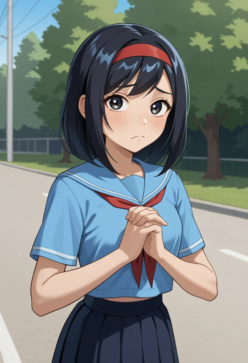 KPYoriGirl, score_9, 1girl, solo, blue shirt, skirt, outdoors, in school, worried, holding hands together, frown, looking at viewer