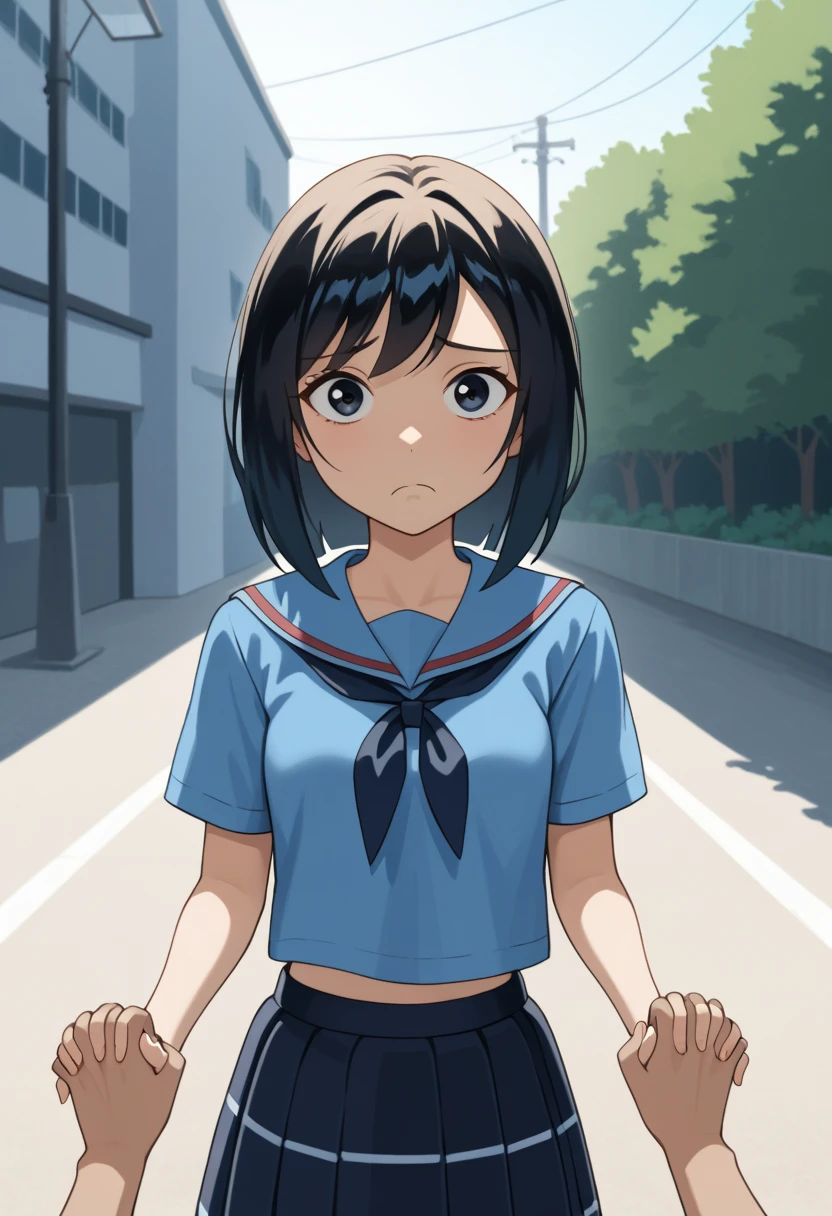 KPYoriGirl, score_9, 1girl, solo, blue shirt, skirt, outdoors, in school, worried, holding hands together, frown, looking at viewer