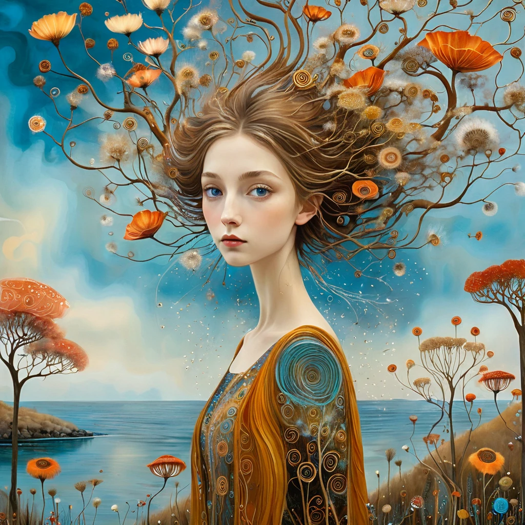 oil and acrylic painting. In the style of Andy Kehoe and Tracy Grimwood, Catrin Welz-Stein, Klimt. Background a tree-lined promenade on the waterfront. a young woman, soft, sky-blue eyes, with light brown hair, walks by and lets the wind tousle her hair. Twisted trees, branches are transparent blown glass expanding skyward in ellipses. Dandelion blossoms, poppies, pampas grass, cherry blossoms, dried flowers bloom. Disc-shaped polychrome sun buds with marbled spirals, sunbeams like strands of coral, vitrified ambers. Warm colors, ochre yellows, browns, shades of blue, reds.
