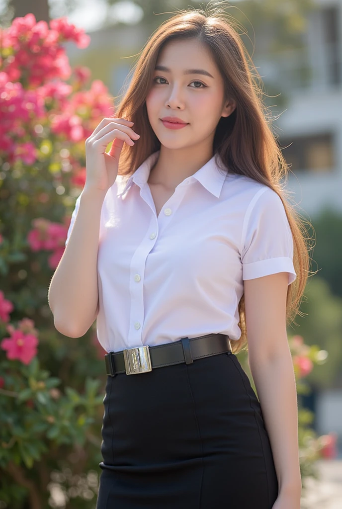 young korean  woman long brown natural loose hair, slender, huge  breasts,  smirk, wearing white collared shirt short sleeves, belt, short black pencil skirt , hand on face pose, bougainvillea, day light , university uniform