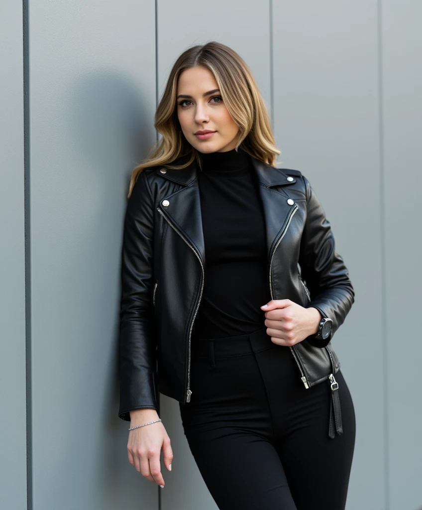 （1girll），marron marron，Fair skin，Wavy blonde，Punk girl，brunette color hair，cleanness，Leather clothes，leather pant，tightsuit，