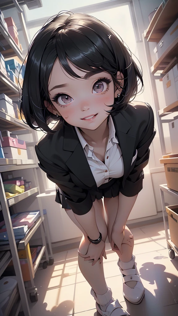 In one girl、smile、fun、High school blazer with popular design、shirt、pleated skirt、white skirt、(small breasts)Crouching panty shot、