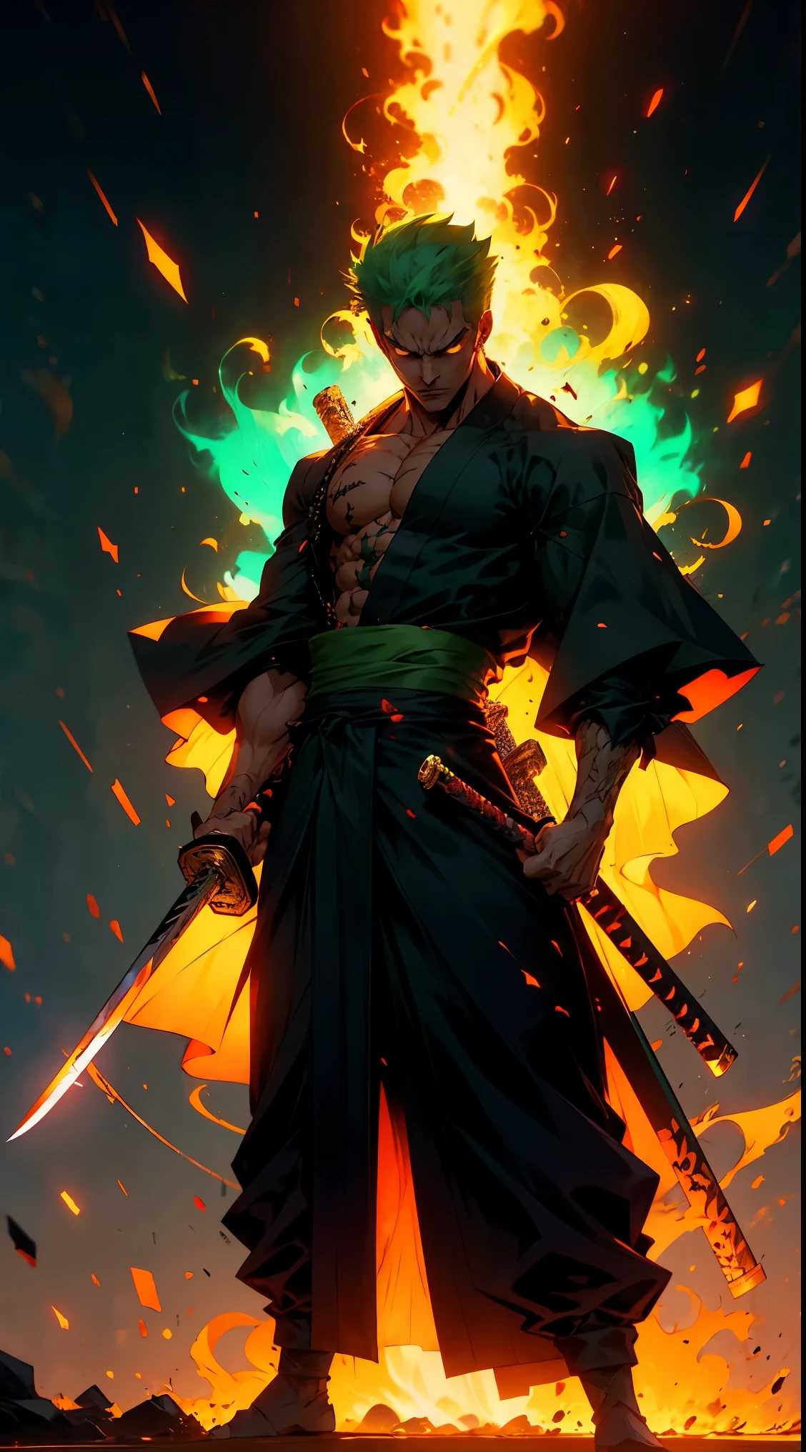 A hyper-detailed, full-body anime-style depiction of Roronoa Zoro from *One Piece*. Zoro is standing confidently, facing the viewer with a fierce expression. His green hair is slightly messy, framing his scarred face, including the iconic vertical cut over his left eye. Dressed in a dark green kimono tied with a yellow obi, his muscular build is emphasized. He bites the hilt of a katana angled to the right, with two other swords sheathed at his waist. Vibrant green and black energy auras surround him, creating a dynamic, otherworldly atmosphere against a tranquil Japanese landscape.