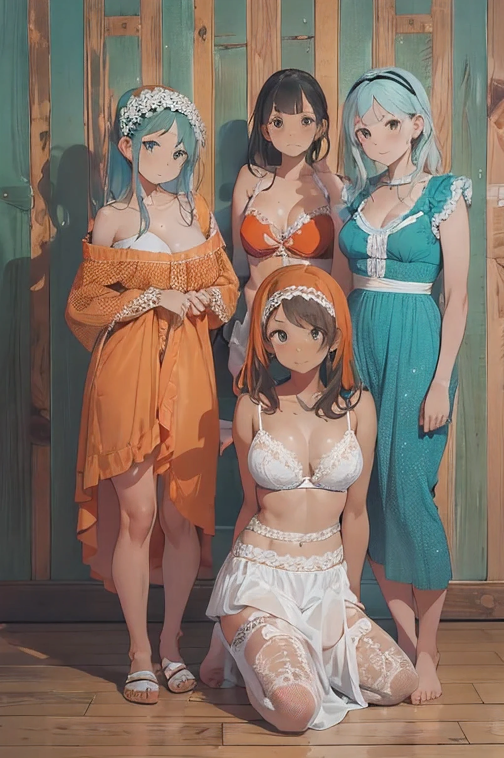 fullnude、Girls in a courtyard, cute bow, (pubic hair), shy small smile, (FLATCHESTED:1.3)、flat chest, superflat chest, (one embarrassed girl naked: 1.3), (fully clothed girl holding naked girl:1.3), one embarrassed girl naked and second girl in sundress, zero breast size, blunt bangs, red-haired girl with two long braids and the second girl is blonde with two ponytails, Shiny hair, Delicate beautiful face, White skin, Beautiful cloud, Dusk sky, rural girl, sundress
