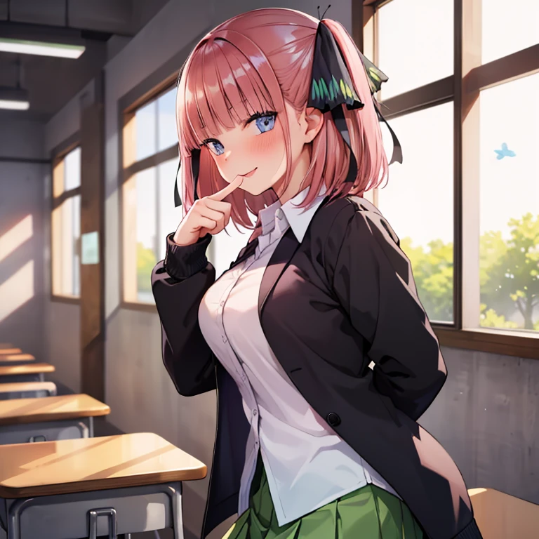 ((hdr, highest resolution, best quality, beautiful, raw image)), classroom, ((blurry background)), daytime, (((1youngboy black hair, white shirt))), (((1girl ,pink hair))), butterfly hair ornament, (school uniform ,black cardigan ,collared shirt ,green skirt, blazer), (blushing:1.2), (((evil smile))), open mouth, , (slender), (( large breasts)), ((purple underwear)), looking at viewer, (((finger to mouth))), ,  from side