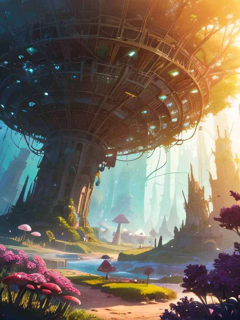 a close up of a painting of a forest with mushrooms, mushroom forest, mushroom city, underwater mushroom forest, highly detailed fantasy art, magical environment, slavic city. big mushrooms, magic mushrooms, by Mike "Beeple" Winkelmann, 🌺 cgsociety, fantasy matte painting，cute, fantasy art landscape, fantasy art behance