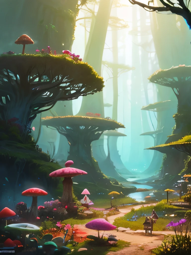 a close up of a painting of a forest with mushrooms, mushroom forest, mushroom city, underwater mushroom forest, highly detailed fantasy art, magical environment, slavic city. big mushrooms, magic mushrooms, by Mike "Beeple" Winkelmann, 🌺 cgsociety, fantasy matte painting，cute, fantasy art landscape, fantasy art behance