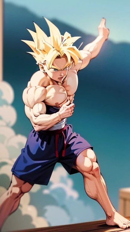 (A detailed drawing of gohan , Bodybuilding-Fitnessstudio.), With a naked torso, Ripping clothes, shorts, slip, the strongest of all, huge muscular body, big Bizeps, big shoulders, Muscle legs,abs, Barefoot, Martial arts, score_9, score_8_up, score_7_up, source_anime, solo, muscular, looking at viewer, barefoot, Full Body Image , barefoot, soles of feet visible, feet sweating and steaming, vista head on, karate fight, head on, wooden cabin background, view from below