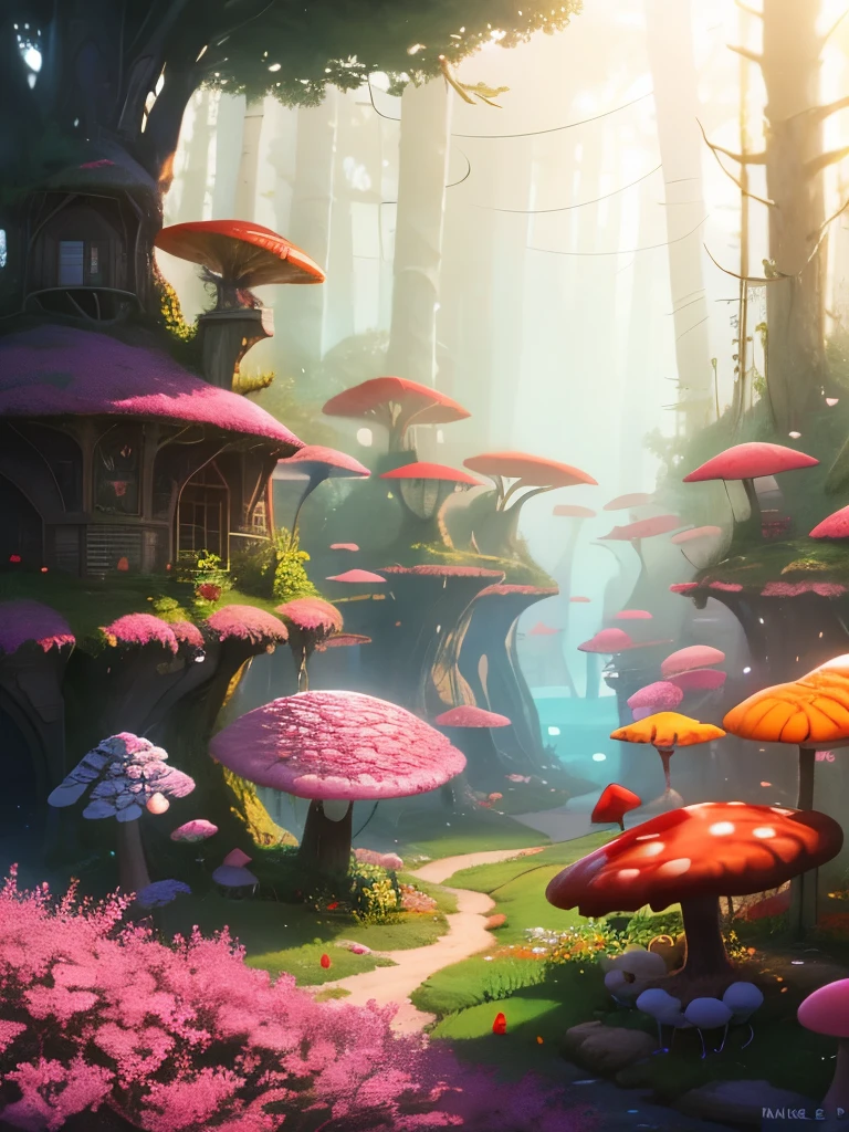 a close up of a painting of a forest with mushrooms, mushroom forest, mushroom city, underwater mushroom forest, highly detailed fantasy art, magical environment, slavic city. big mushrooms, magic mushrooms, by Mike "Beeple" Winkelmann, 🌺 cgsociety, fantasy matte painting，cute, fantasy art landscape, fantasy art behance