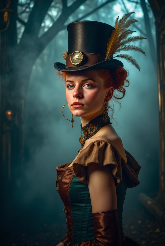 A close-up portrait of a beautiful woman with a steampunk outfit, wearing a top hat and a feather. She is standing in the fog and mist, and she can barely be seen. She is coming out of the shadows. The background is dark and mysterious. There is a mystical feeling and an ethereal atmosphere.