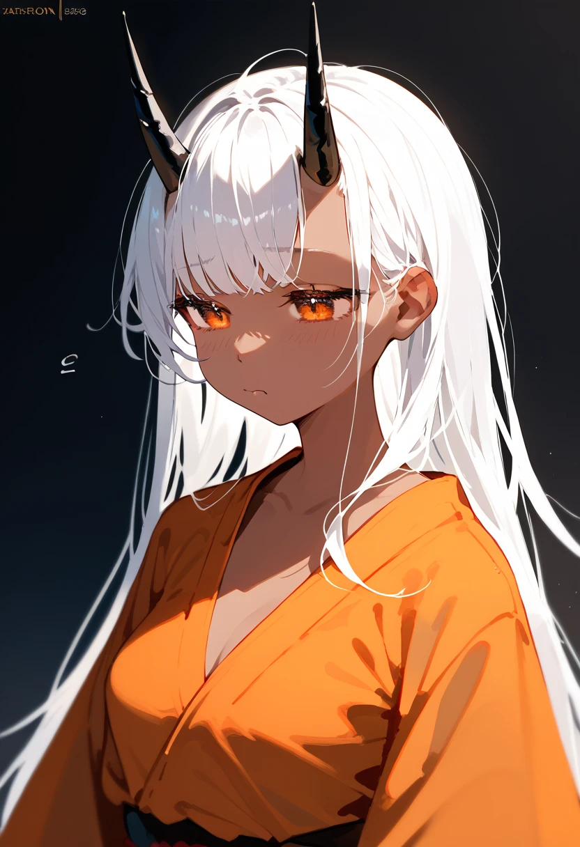 alone,girl, black-horned ,Japan,White hair, Tanned skin,  Orange Eyes ,  Black Orange Kimono.Long hair,Emotionless, dark edges,sleepy,thin,, medium chest,Bangs,beautiful