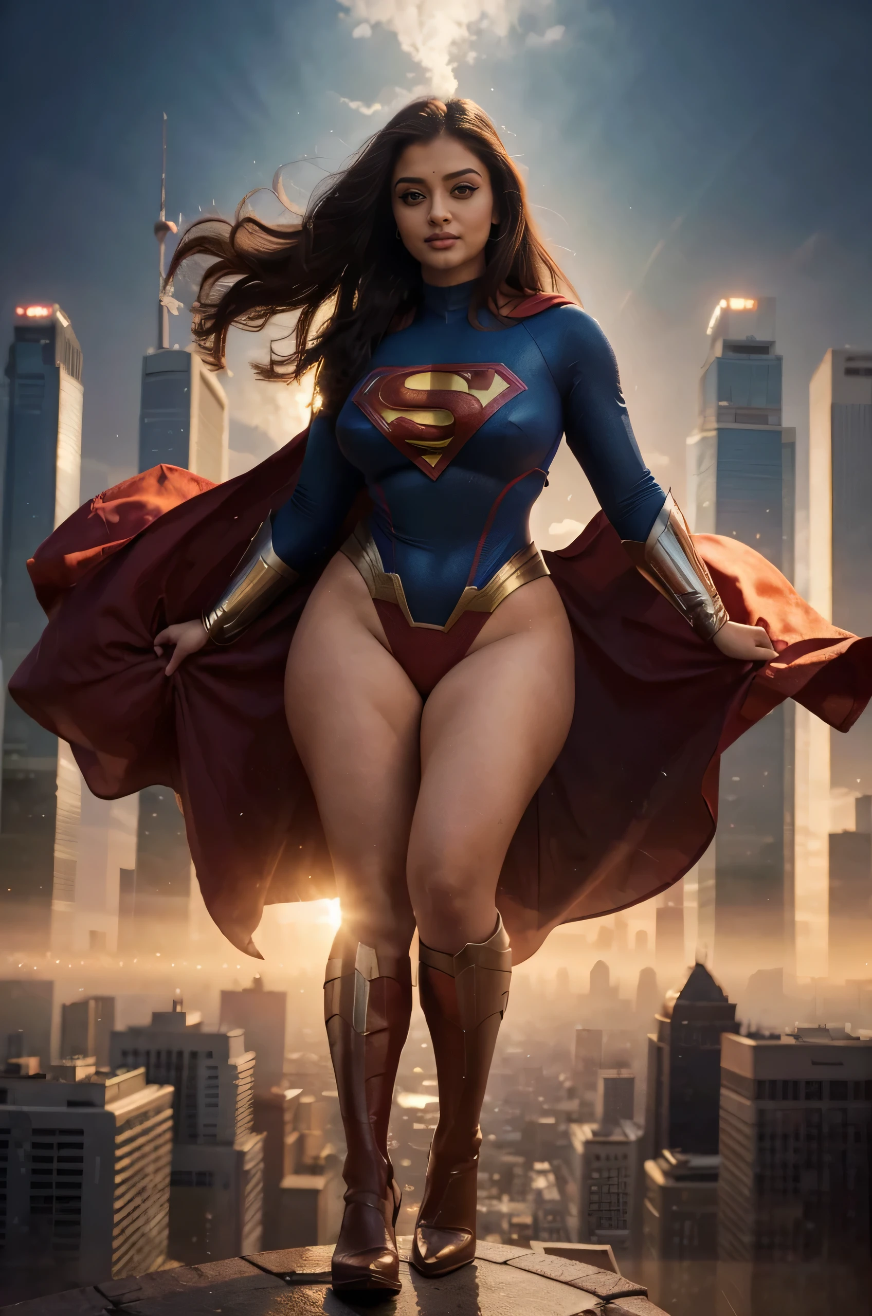 Supergirl flying gracefully between the skyscrapers of New York, best quality, masterpiece, ultra high resolution, (photorealistic: 1.4), raw photo, 1girl, black hair, bright skin, dramatic lighting, full body, wide hips, huge breasts, big ass