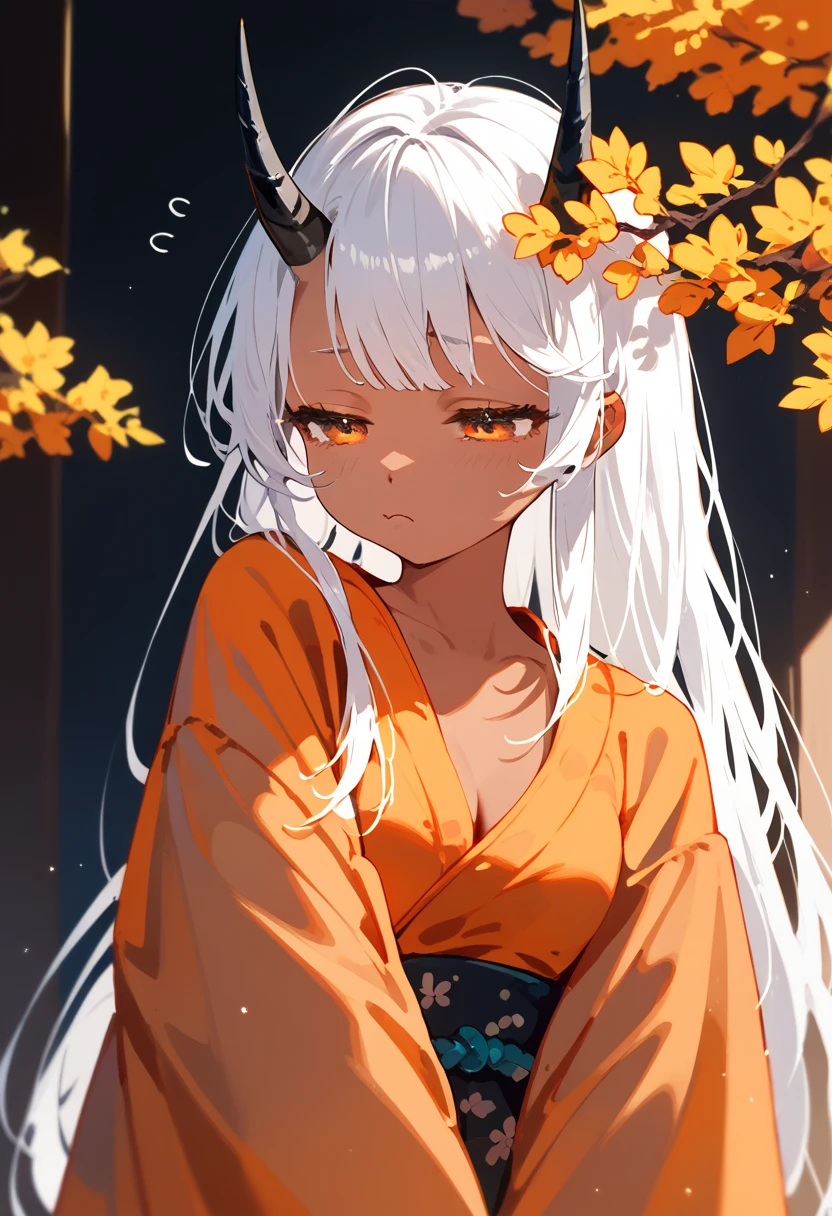 alone,girl, black-horned,Japan,White hair, Tanned skin,  Orange Eyes , Orange black kimono .Long hair,Emotionless, dark edges,sleepy,thin,, medium chest,Bangs,beautiful,Lazy 