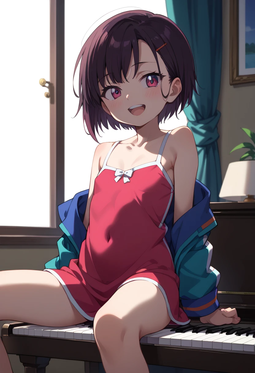 (( top quality )), ((masterpiece)), (be familiar with),  perfect face, indoor, bedroom,  watching viewers,
One woman, Mikazuki Kan,
 open mouth,  ecstatic expression beside the piano, blush, smile,
 small ,  flat chest, Young girl, Lori,  kids,  girl,
Short Hair,  short hair,
Leg spread,