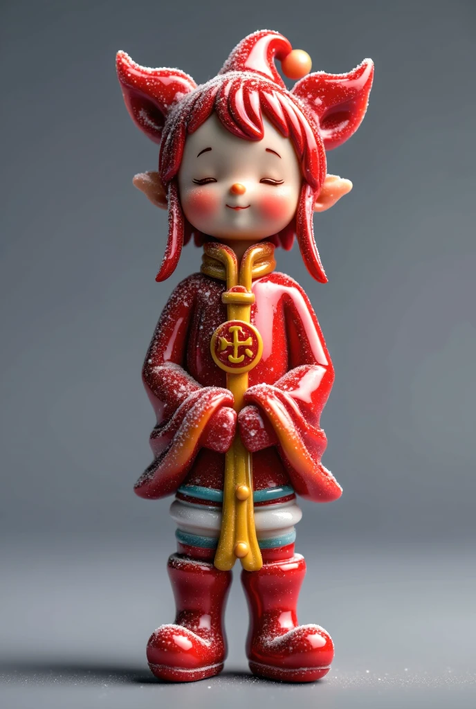 santatangsu,a small Asian figure,dressed in a red Chinese dress,is adorned with a gold necklace with a red symbol on it. The figure's eyes are closed,and its eyes are slightly open. Its hands are clasped in front of its body,while its head is tilted slightly to the right.