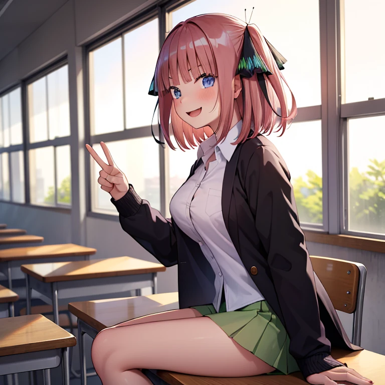 ((hdr, highest resolution, best quality, beautiful, raw image)), classroom, ((blurry background)), daytime, (((1youngboy black hair, white shirt))), (((1girl ,pink hair))), butterfly hair ornament, (school uniform ,black cardigan ,collared shirt ,green skirt, blazer), (blushing:1.2), (((evil smile))), open mouth, , (slender), (( large breasts)), ((purple underwear)), looking at viewer, sitting ,from side