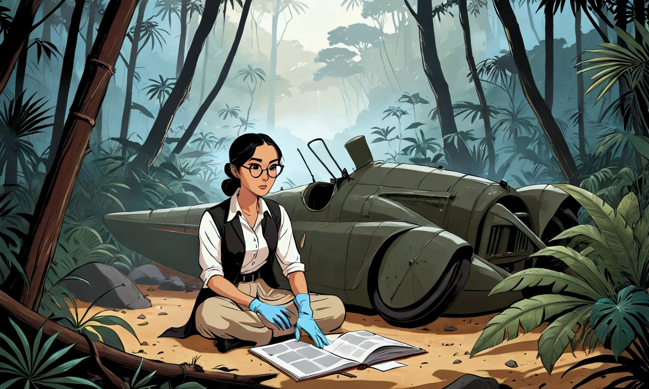 Create a comic-style image of two female scientists in a research camp in the middle of the jungle. It is a beautiful Asian woman, with long, straight black hair, beautiful brown eyes, dressed in a white shirt, a black vest and black dress pants, who looks with pride and self-sufficiency at a beautiful young British woman, with brown hair tied in a bun, brown eyes with glasses, dressed in a khaki shirt over a white tank top and long grey dress pants. She is wearing light blue latex gloves on her hands and a folder and is crouched in front of a covered bundle on the ground.
They are both in the middle of a camp in the jungle, in the middle of a terrible accident that occurred with a plane crashing between the trees.
It is night. The background of the image is a camp set up in the middle of the jungle, with research equipment, spotlights illuminating the scene of the accident, and them in the middle of the scene.
In the middle of the image you can read “Sarocha Chankimha & Rebeca P. Armstrong” in a mysterious, broken-style font.
Below the image of the name you can read “PhiAlex” as the artist’s signature.