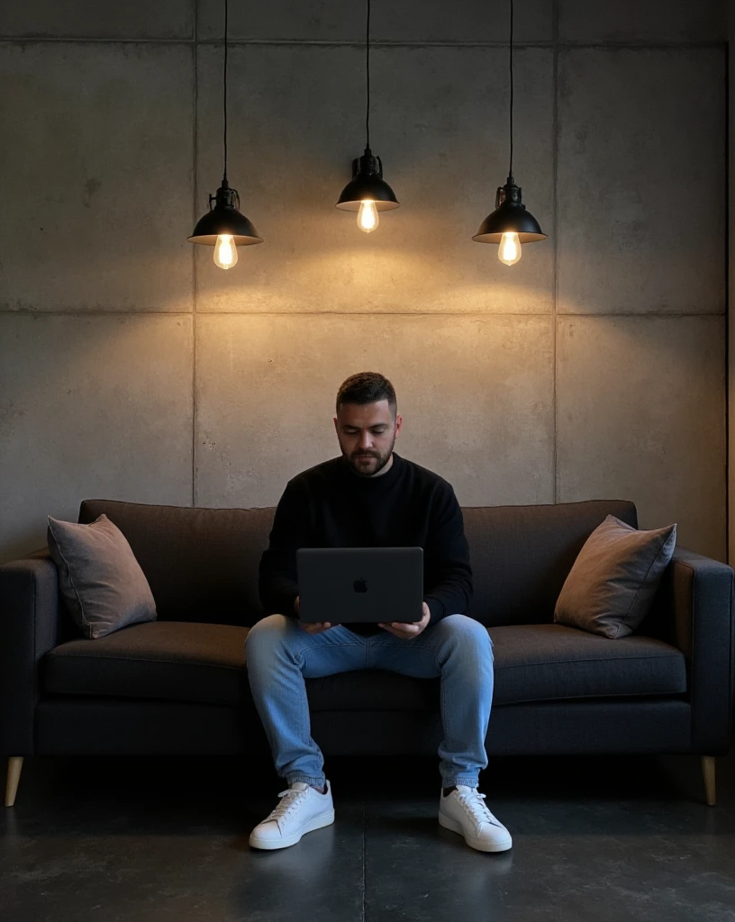 high-resolution photograph of a modern and moody interior setting featuring a man. light skin tone. He has short hair and a neatly trimmed beard and mustache. sitting comfortably on a deep gray couch. He wears an oversized black crewneck sweatshirt and light blue jeans, is focused on his MacBook pro laptop in Space Black color, giving a relaxed and casual posture. He wears clean white sneakers that contrast with the dark couch. The scene is warmly lit by hanging industrial-style pendant lamps. casting soft light and shadows on the textured concrete wall behind him. velvet cushions on the couch add a subtle pop of color, enhancing the cozy and productive atmosphere. The floor is dark concrete , and the space exudes a minimalist, contemporary vibe with an artistic edge. The image composition balances the subject and background, creating a serene and modern mood.