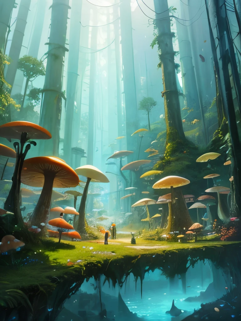 a close up of a painting of a forest with mushrooms, mushroom forest, mushroom city, underwater mushroom forest, highly detailed fantasy art, magical environment, slavic city. big mushrooms, magic mushrooms, by Mike "Beeple" Winkelmann, 🌺 cgsociety, fantasy matte painting，cute, fantasy art landscape, fantasy art behance